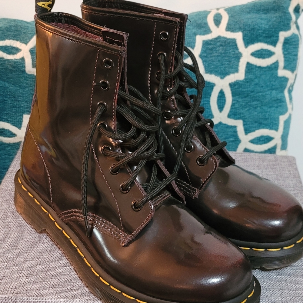 Dr. Martens Women's Burgundy Patent Leather Lace-Up Ankle Boots - Picture 2 of 9